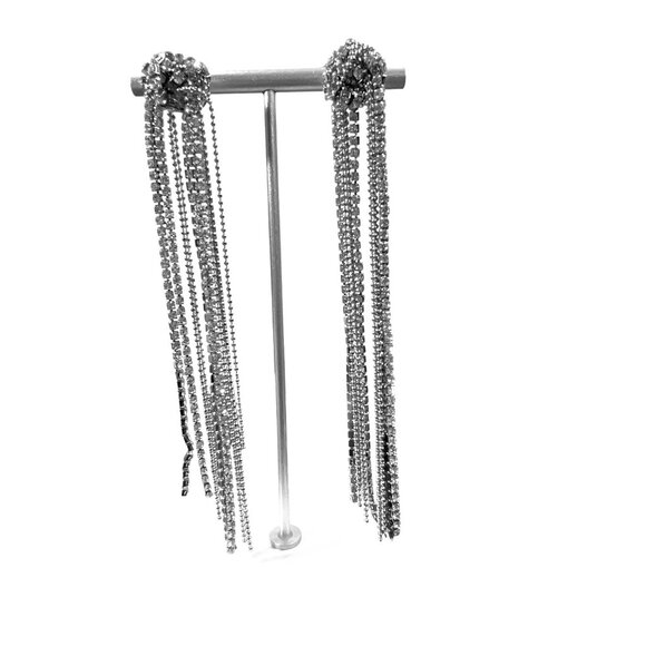 Rhinestone Ball Chain Tassel Earrings Post 4" Drop Lovers Knot Glamour Holidays - Picture 4 of 14